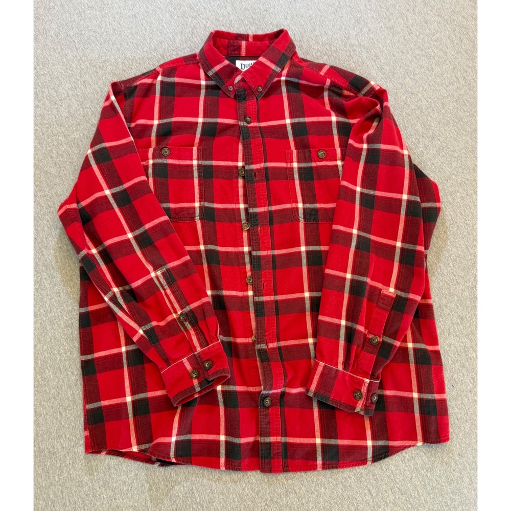 Duluth Trading Co Mens Large Red Plaid Flannel Button Down Shirt Relaxed Fit
